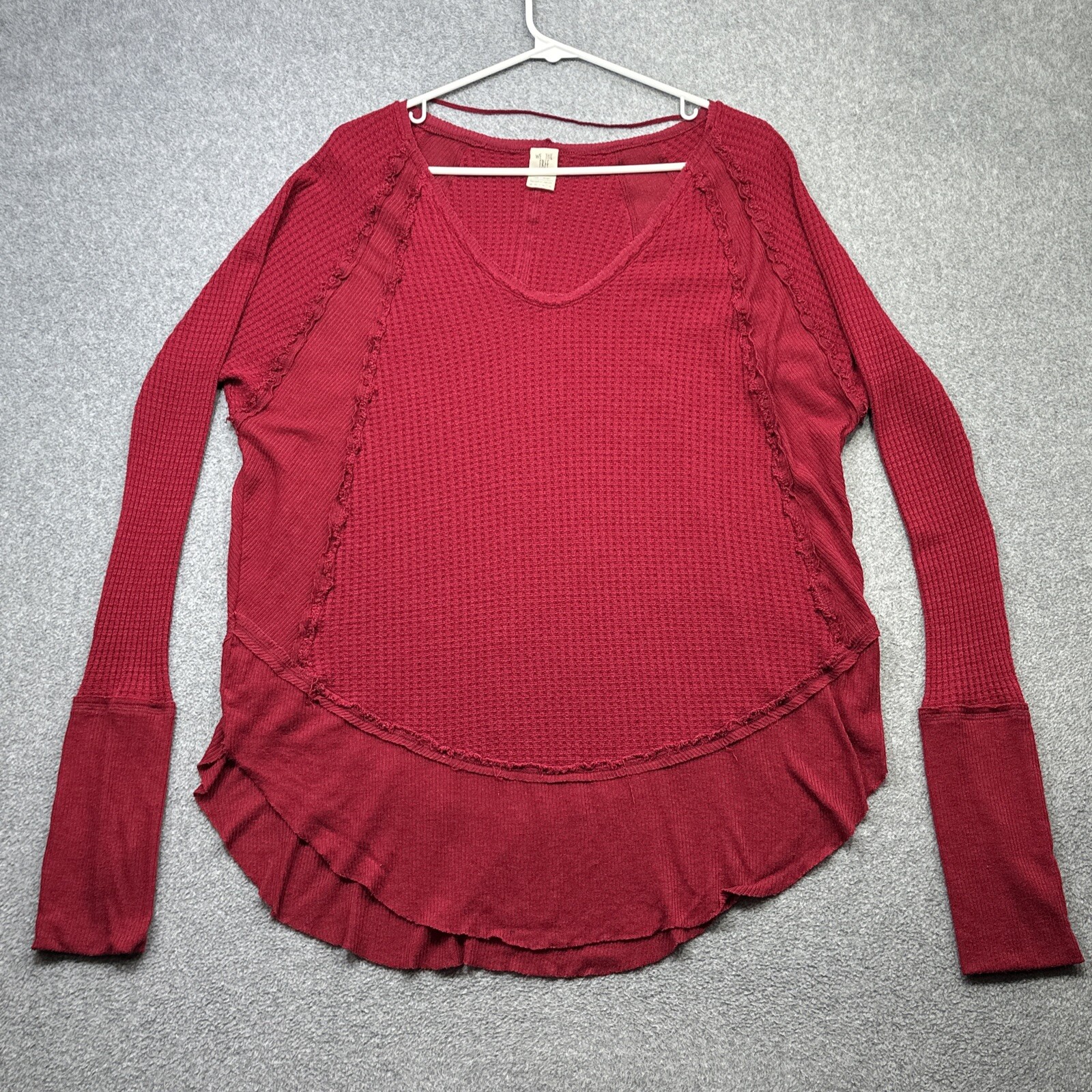 We The Free Top Women's Large Red Waffle Knit Thermal Raw Hem Long Sleeve V  Neck | eBay