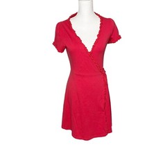 Forever 21 Womens Medium Wrap Mini Dress Short Sleeve Red Holiday Lettuce Trim