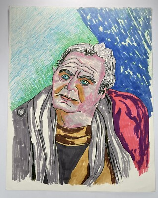 Original Drawing Colored Pencil Marker & Ink Colorful Portrait Of Man 14x11 