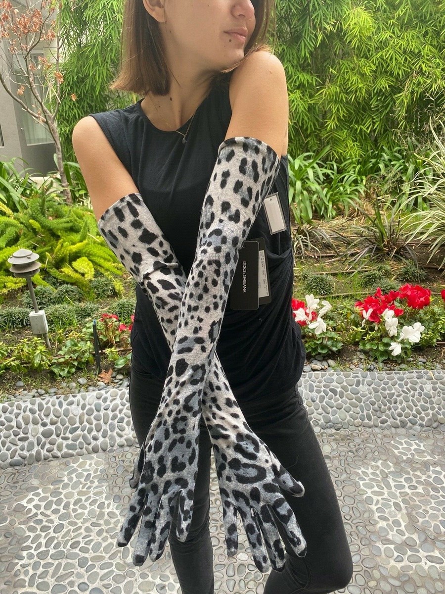 NWT DOLCE & GABBANA DG Blue/Grey Leopard Print Wool Long Gloves