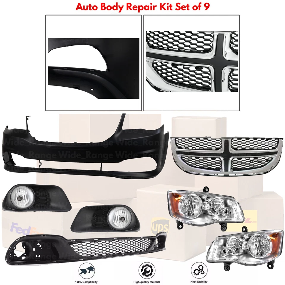 Front Bumper Cover Paintable & Head Light Pair For 2011-2020 Dodge Grand Caravan - Image 2 of 4