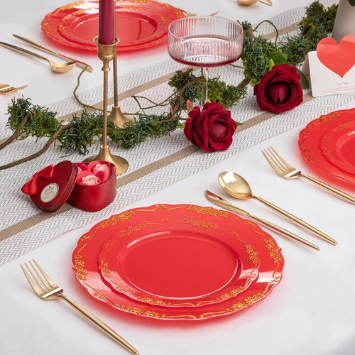 Heavy Duty 100PCS Red Disposable Plates for Weddings & Parties – Gold Rim Finish - Picture 8 of 11