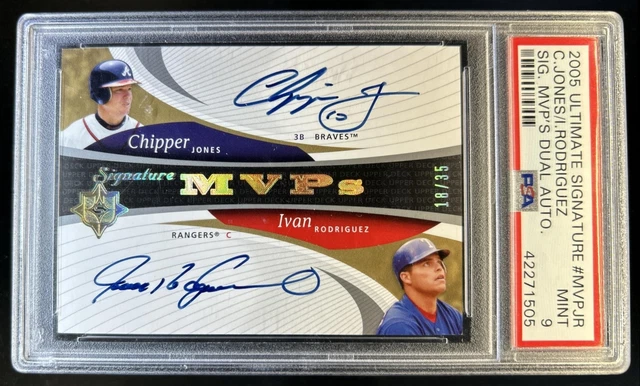 2005 Upper Deck Ultimate Chipper Jones Ivan Rodriguez MVPs Dual Auto #/35 PSA 9