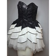 Deb Vintage Y2K Black Sequin White Tiered Tulle Mini Dress  Size 3/4