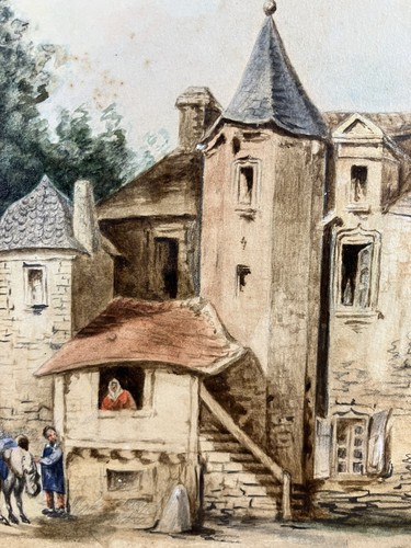 Aquarelle rehaussée de gouache circa 1860 signée Couturier Château en Montagne - Picture 8 of 13