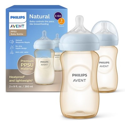 Philips Avent PPSU Natural Baby Bottles - with Medium Flow Nipples (Flow 3), 9oz