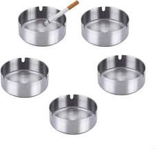 5 Pack Deluxe Round Stainless Steel Cigarette Ashtray Ash 5 PACK, Silver 
