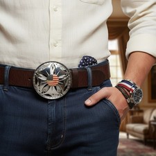 Men Women Silver Metal Buckle 4th July USA Flag Spinning United State America