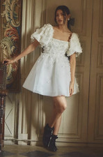 BHLDN White Off Shoulder Puff Sleeve Beaded Layered Tulle Mini Dress Sz 4