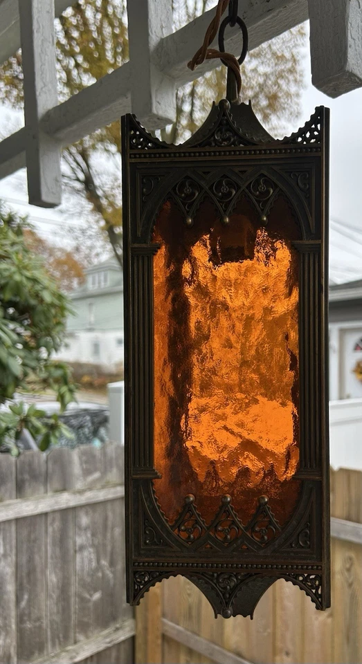 Par de LINTERNAS COLGANTES VINTAGE GÓTICAS REGENCIA 4 PANELES LUZ MEDIEVAL MCM Foto 2 de 4