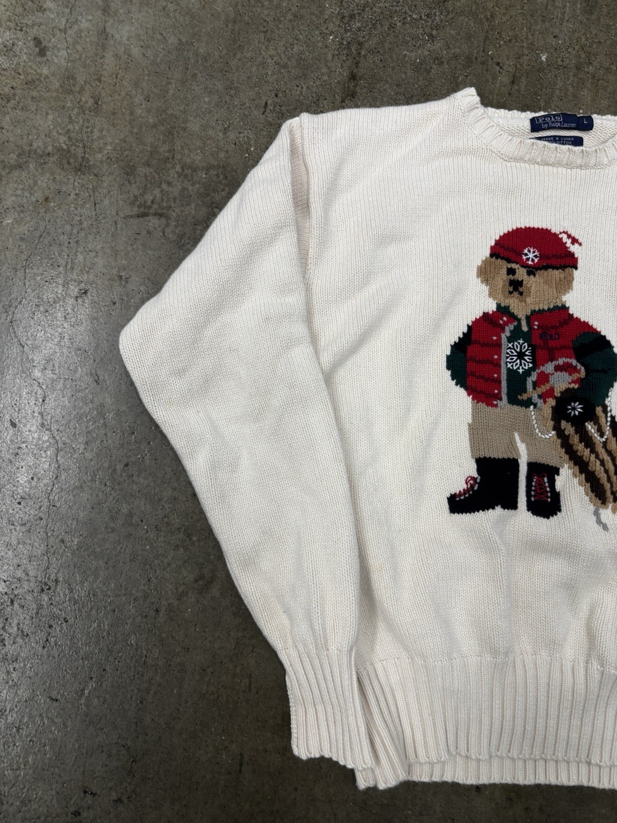 Vintage Ralph Lauren Rare Sled Bear Sweater Knit Cream Cotton Size L Women’s thumbnail 5