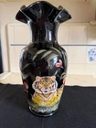 Rare Large Fenton Hand Painted Jungle Tiger Black Glass Vase