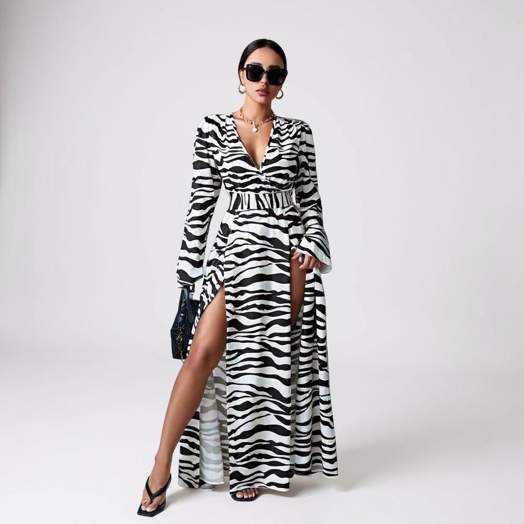 Maxi Vestido a Rayas Cebra con Cinturón Con Cordones Talla XL