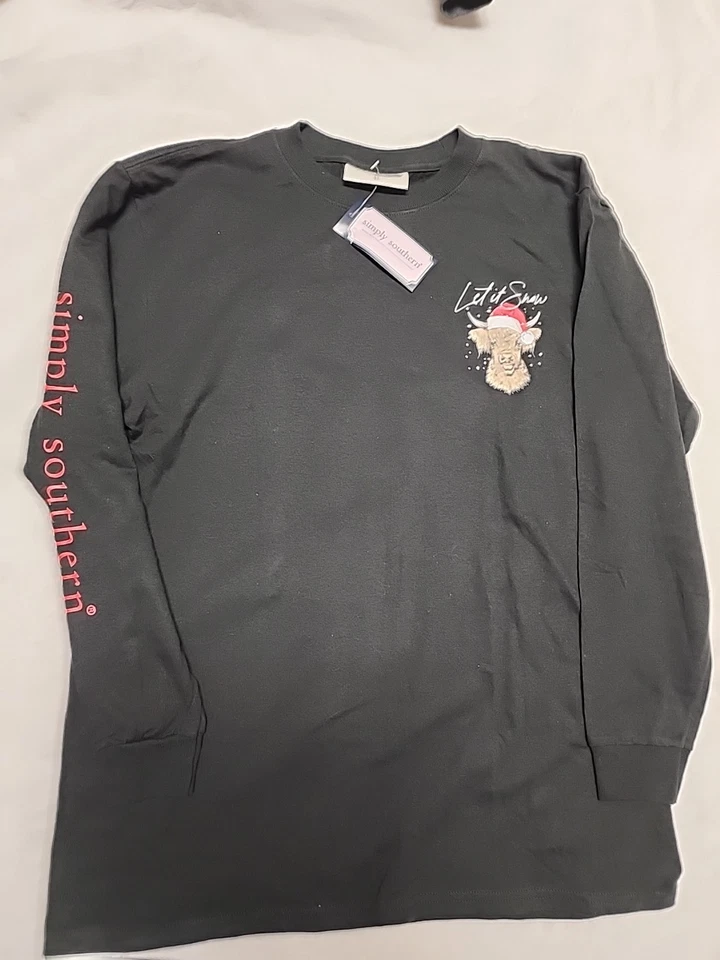 Camiseta de vaca de Navidad "Let It Snow" Simply Southern grande negra juvenil manga larga Foto 2 de 4