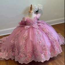Flower Girl Dress For Wedding With Lace Applique Tulle Puffy Shiny Kids Birthday