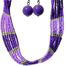 Handmade Purple Beaded Necklace Earrings Set Seed Beads Boho Festive Jewelry