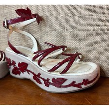PRADA VTG s/s 1997 Wedge Shoes with Red Vines Leaf Leather Applique, Size 5.5