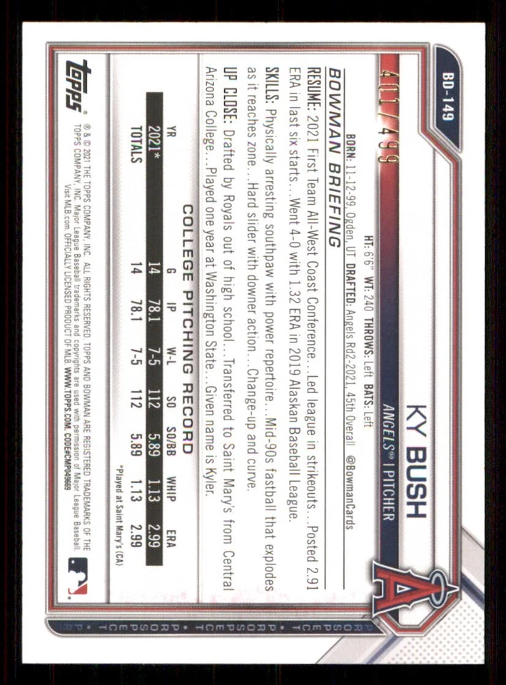 2021 Bowman Draft Sky Blue #BD149 Ky Bush /499 - Image 2 of 2