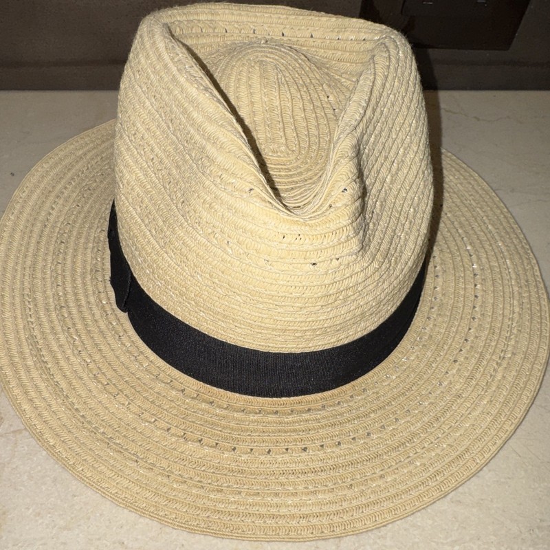 Banana Republic Straw Fedora Wide Brim Beige/Black Band One Size Women