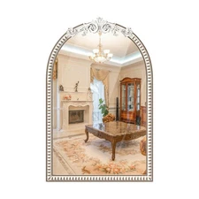 24''x36'' Arched Wall Mirror with Beads Wooden, Vintage Baroque Decorative Ar...