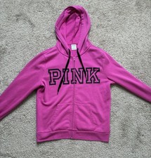 PINK Full Zip Fleece Hoodie Logo Pockets Women s M Pink Cotton Blend