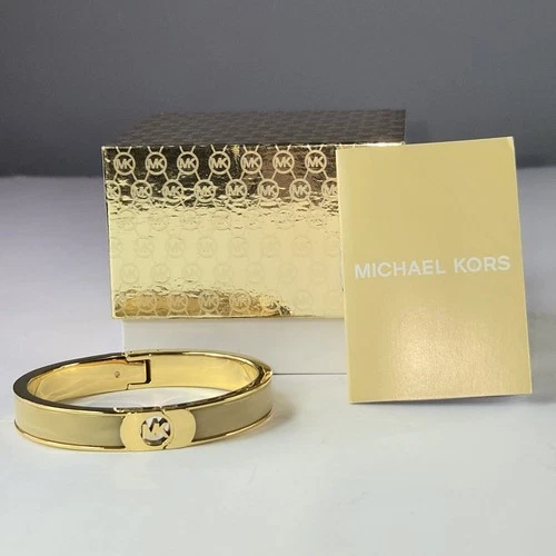 NEW Michael Kors Gold Tone Fulton Logo Horn Enamel Hinge Bangle Bracelet W/Box