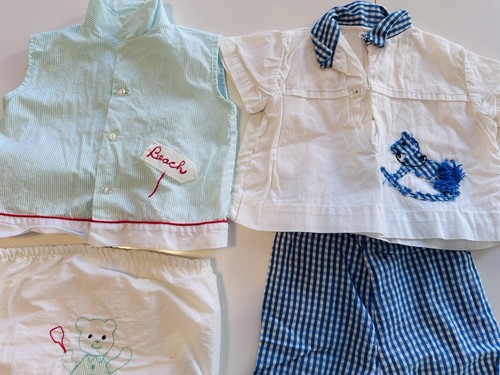 VTG Nannette Baby Outfit Lot Beach Set Sailor Rocking Horse Gingham USA 9-12