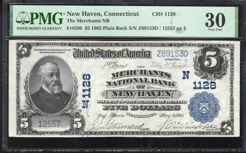 1902 $5 NEW HAVEN, CT MERCHANTS NATIONAL BANK PMG 30 CONNECTICUT CURRENCY 12557 - Image 2 of 3