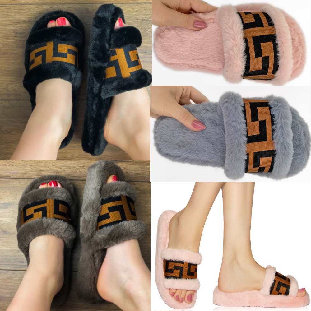 Womens Snugg Warm Fluffy Slippers Monogram Mules Faux Fur Slides Yeah Shoes  New | eBay