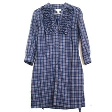  LOFT Blue Plaid Shirt Dress 3/4 Sleeves Ruffle Front Hip Tie Sz 0 New