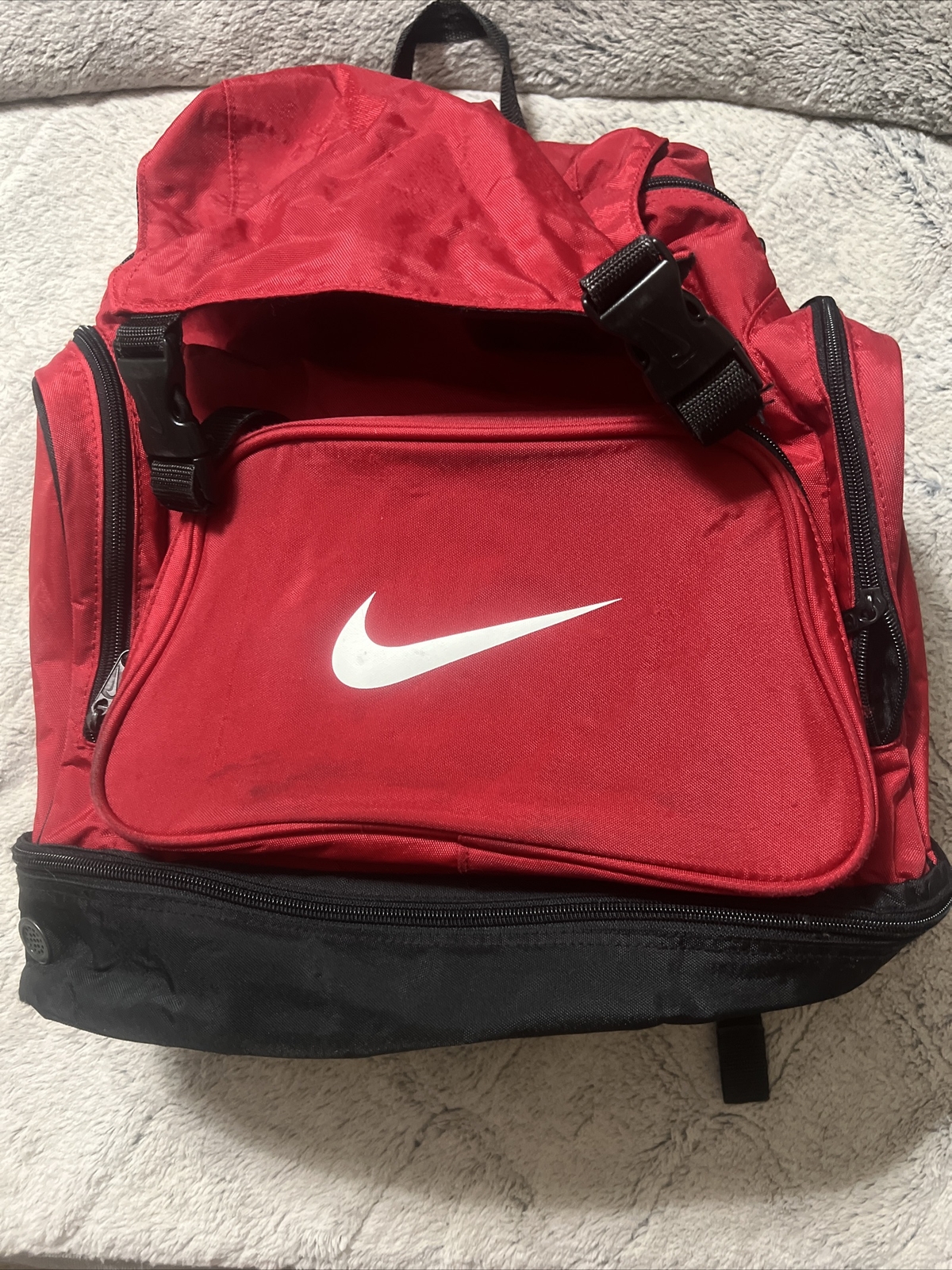 Vintage Y2K Red Nike Canvas Backpack with White Orange Swoosh Tag