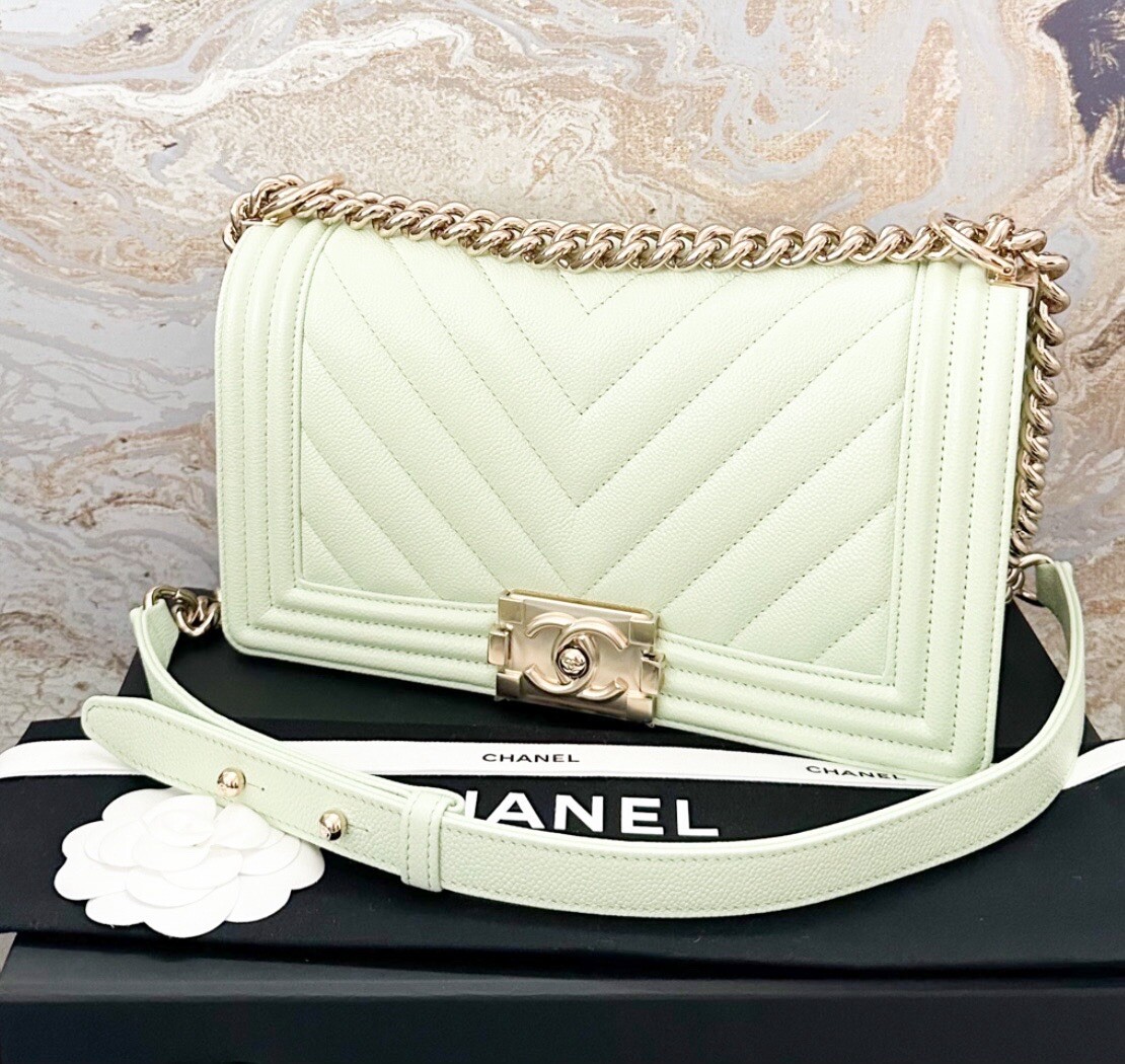 Chanel Medium Boy Caviar Chevron Quilted Light Green Flap Chain Shoulder Bag