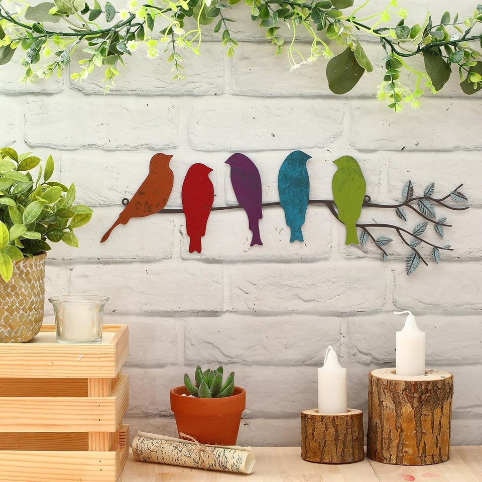 Metal Bird Wall Art Birds on the Branch Hanging Wall Decor Leaves w ...