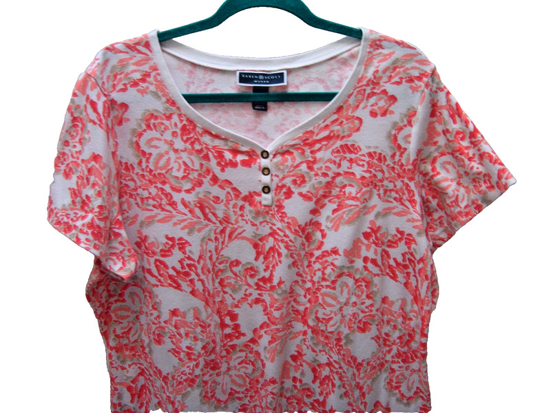 Karen Scott 1x Orange Beige Floral on White Cotton V Neck Short Sleeves
