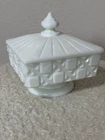 Vintage Westmoreland Milk Glass Old Quilt Covered Candy Dish Square Glows Green