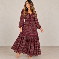 Finders Keepers Burgundy Floral Crinkle Maxi Dress Long Sleeve Tiered Size M