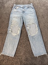 American Eagle Highest Rise Baggy Straight Jeans Womens 14 Distressed Strigid