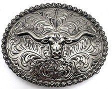 Classic Western Longhorn Steer Head Belt Buckle Cowboy Floral Scroll Vtg .CPA514