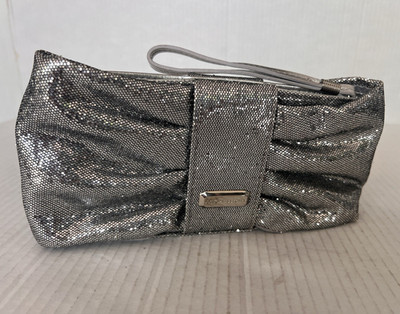 Victoria's Secret Silver Metallic Wristlet Clutch Pleated Logo Zip Closure