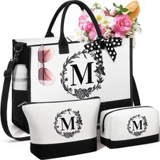 Personalized Gifts for Women, Initial Canvas Tote Bag  Makeup Large, White