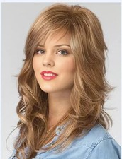 Medium Wavy Ash Blonde Mix Synthetic Hair Wigs Women Soft Natural With Bangs