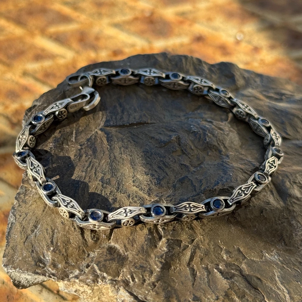 925 Silver Sapphire Gemstone Engraved Byzantine Sapphire Link Chain Bracelet - Image 3 of 4