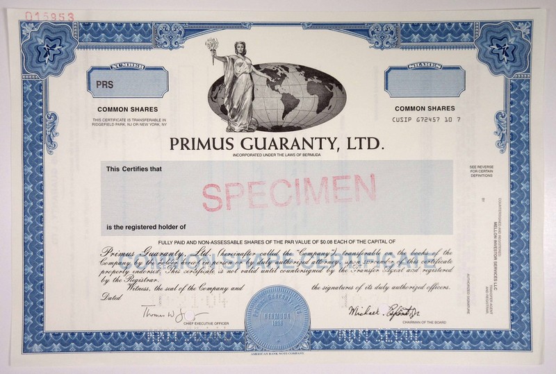 Bermuda. Primus Guaranty, Ltd., 2004. Specimen Stock Cert., VF-XF, ABNC.