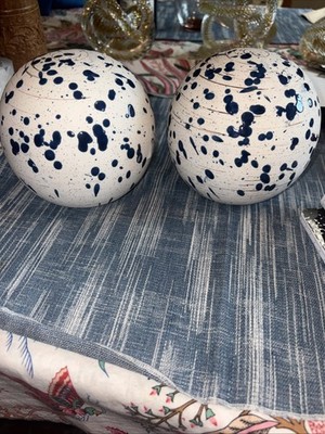 Pair Of Modern Ceramic Sphere Cream And Navy Blue Splatter 5.5  X 5.25 