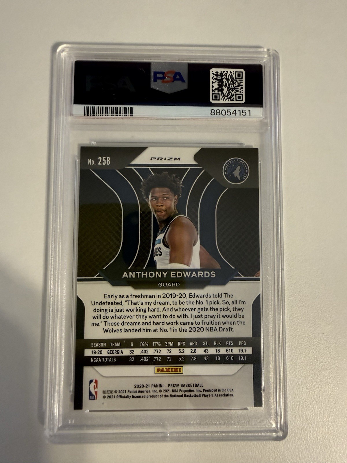 2020-21 Panini Prizm - Anthony Edwards #258 Silver Prizm Rookie PSA 9 view 2