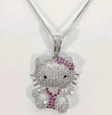 Hello Kitty Pendant Necklace Silver Tone Hip Hop Bling Iced Out Cute Cat