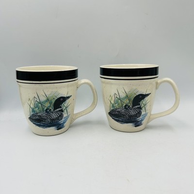 2 Qty Vtg Loon Lake Coffee Mugs LoonLake  Tea  Folkcraft Stoneware  By Scotty Z