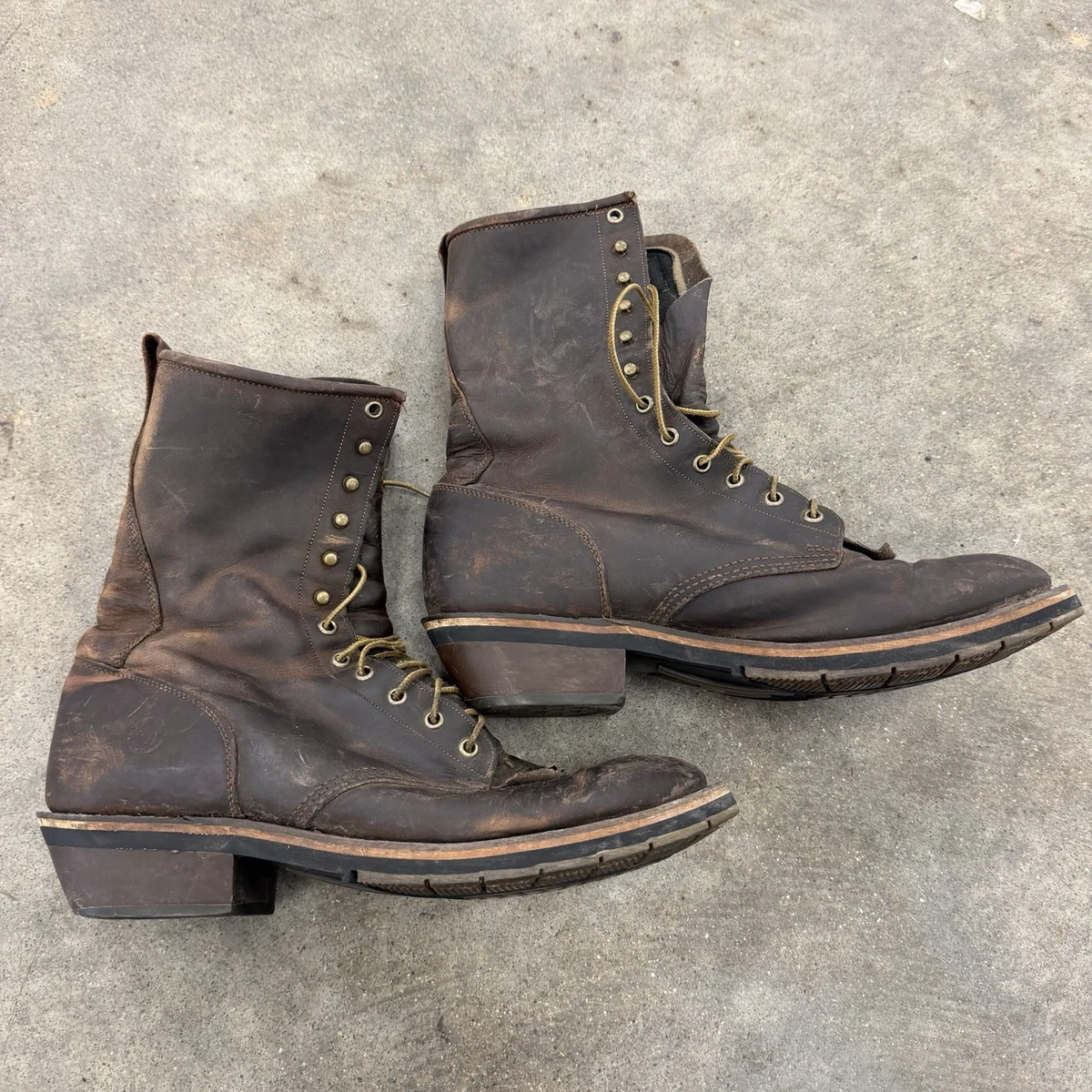Vintage Double H Lacer Brown Unisex  Steel Toe Logging Boots 11D Double-H Boots Lace Up Western Boots for Men for Sale - Shop  main image 2