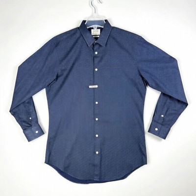 TM Lewin Men's 17 43cm 36 97cm Fitted Dress Shirt Navy Blue Geometric Dot Cotton