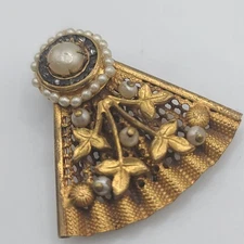 Vintage Dress Clip Wired Faux Pearl Leaves Filigree